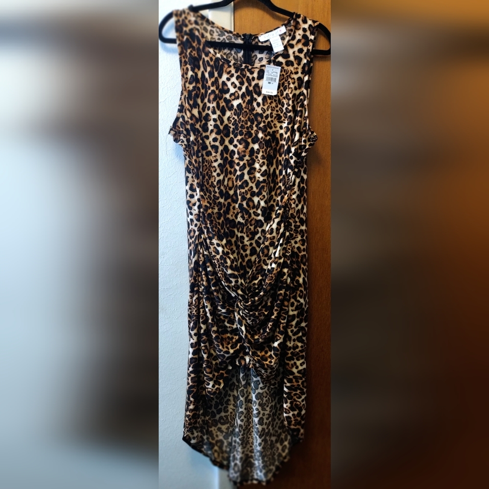 Ashley Stewart Midi Sleeveless Animal Print Hi Low Dress.